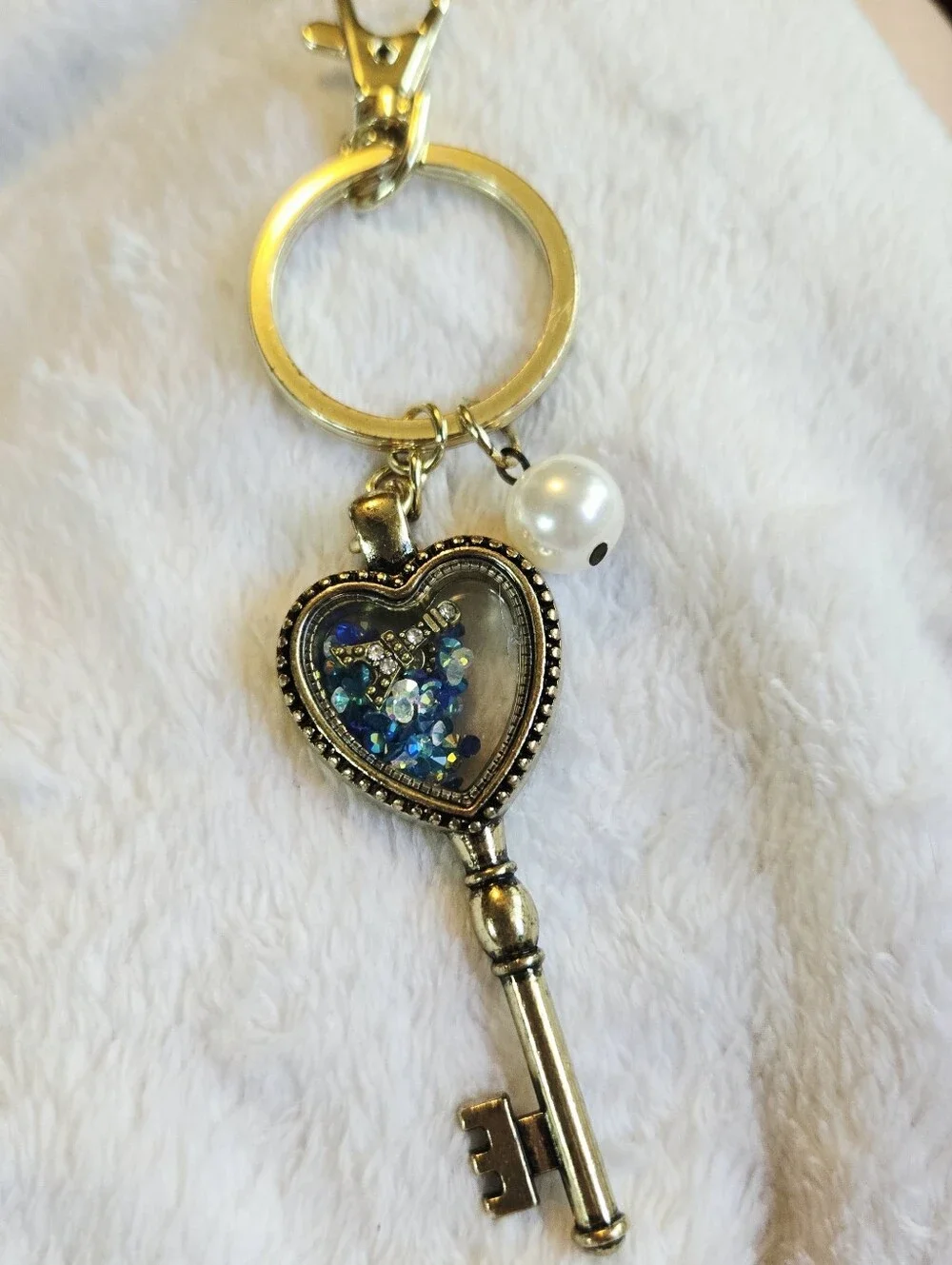 Gold Shaker Heart Key Charm Keychain with Blue Accent